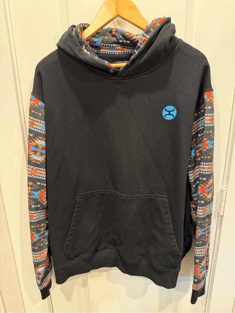 Hooey Black Pullover Hoodie with Blue Logo and Multicolor Aztec Trim